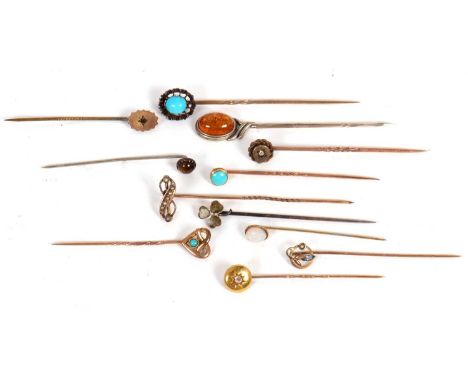 Twelve assorted stick pins: to include diamond, amber, turquoise, opal, seed pearl, tigers eye and others, 15.8g gross, (12)