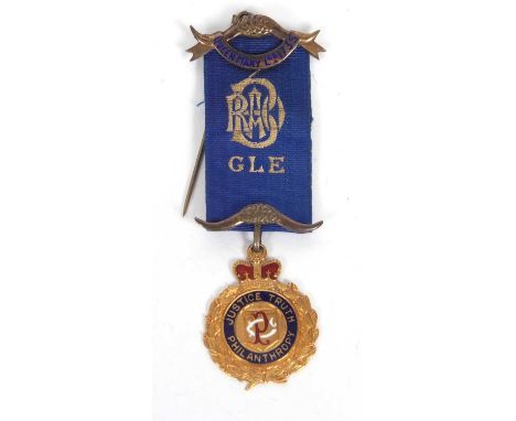 A 9ct Royal Antediluvian Order of Buffaloes medal, with enamel motto 'Justice Truth and Philanthropy',with presentation inscr