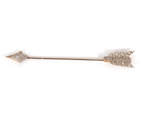 A diamond jabot pin, the arrow shaped pin with each end set with rose cut diamonds with millegrain mounts, with removeable fl