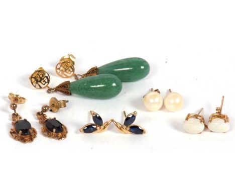 Five pairs of gemset earrings: to include a pair of two stone sapphire earrings stamped 14K; a pair of opal cabochon earrings