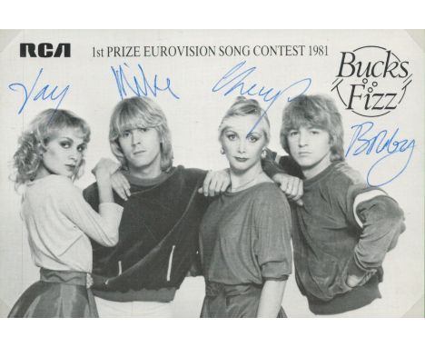 Bucks Fizz multi signed 6x4 inch black and white vintage promo photo includes Jay Aston, Mike Nolan, Cheryl Baker and Bobby G