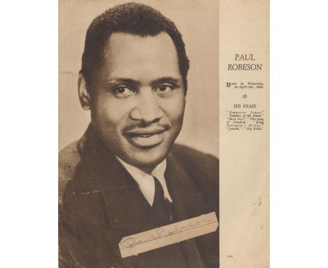 Paul Robeson small signature with vintage magazine page. Music Autograph. Good condition. All autographs are genuine hand sig