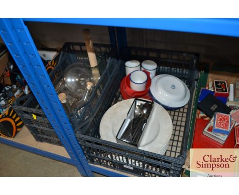 Two boxes containing enamel cups and bowls, large dinner plates, various table glassware