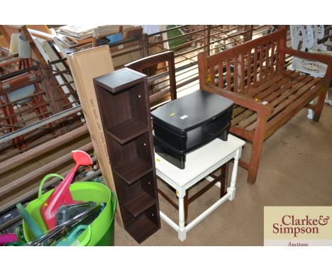 A cane seated chair together with a CD storage rack etc.