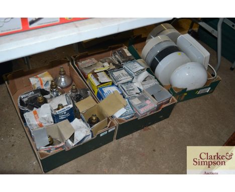 Three boxes of various light bulbs and light fittings