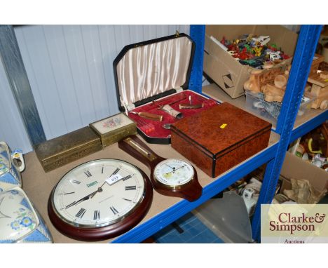 A Viners horn handled cocktail set, wall clock, barometer etc. 