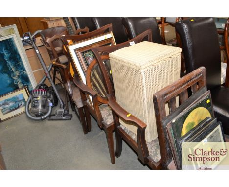 A pair of Hepplewhite style mahogany elbow chairs together with a Loom linen basket