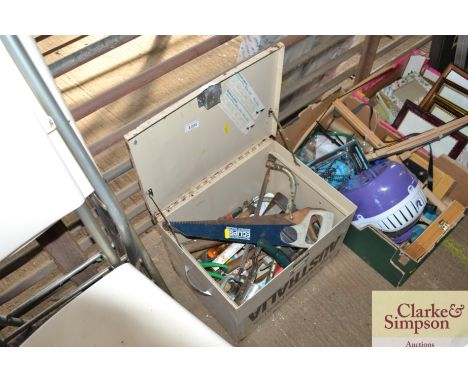 A metal toolbox and contents of various tools