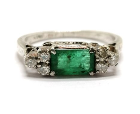 Emerald &amp; diamond ring set in white metal (silver?) - size N &amp; 2.5g total weight - SOLD ON BEHALF OF THE NEW BREAST C
