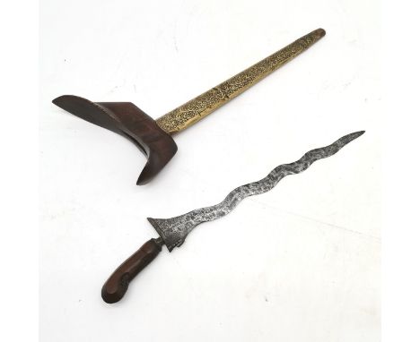 Antique Indonesian kris / keris knife with original hand carved handle &amp; mount with embossed brass cased sheath (warangka