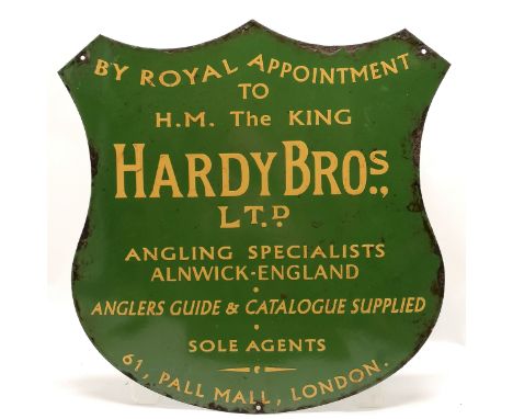 Vintage enamel sign for Hardy Bros angling specialists - 44cm x 45cm high ~ some losses