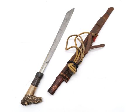 19th century Borneo dayak mandau sword with carved horn / steel wire grip - blade with engraved decoration and inlaid yellow 