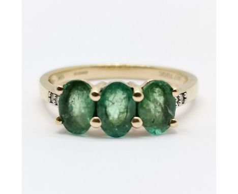 9ct hallmarked gold 3 stone emerald ring with diamond set shoulders - size L½ & 1.9g total weight