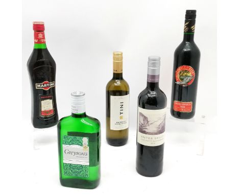 5 x unopened bottles - Greyson's gin, vintage Martini Rosso &amp; 3 bottles of red wine