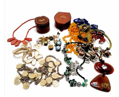 Pair of antique porcelain button studs t/w farthing coin necklace (120cm), studs, necklaces etc