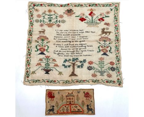 Antique small sampler study of house with birds / animals (21cm x 11cm) t/w antique sampler (45cm x 42cm)