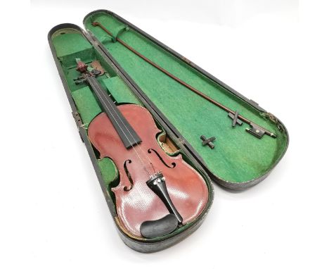 Antique violin in case with Nach vuillaume bow with abalone set frog - violin 60cm &amp; a/f