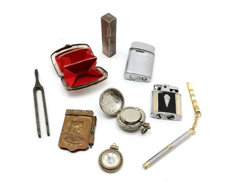 Maruman silver plated gas lighter t/w antique aide-memoire, compass pendant, tuning fork, sovereign case + purse etc
