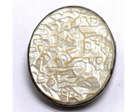 Antique Chinese hand carved mother of pearl unmarked silver brooch - 3cm drop