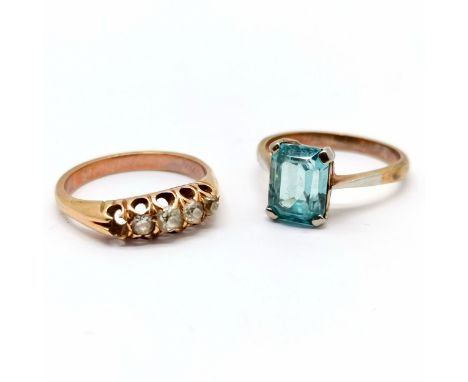2 x unmarked gold rings - diamond (missing 1 stone) &amp; blue topaz ring - total weight (2) 4.8g &amp; both a/f