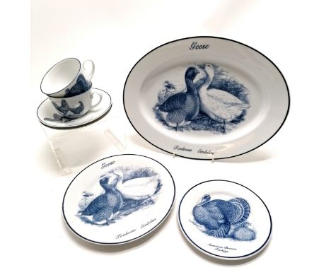 Norfolk China 'Norfolk Blueware' 2 cups and saucers plate and serving plate 35cm across depicting birds - no obvious damage