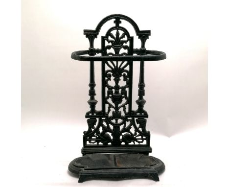 Vintage cast iron umbrella / stick stand with drip tray to base - 51cm high x 31cm across x 15cm deep