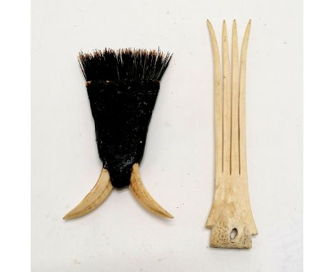 Ethnic carved bone comb 20cm long T/W a quill brush with tusk handle detail