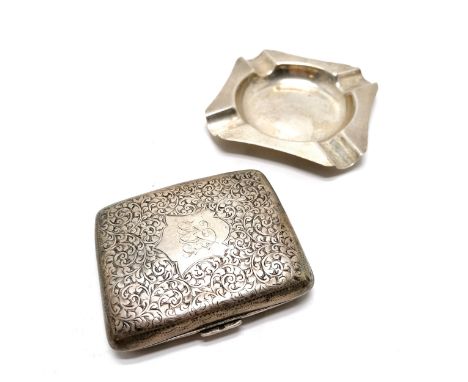 Antique silver hallmarked cigarettes case with engraved detail t/w engine turned silver ashtray (9cm x 9cm) ~ 132g total weig