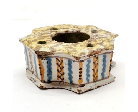Antique French (Nevers ?) earthenware inkwell with spongeware detail to top - 10cm x 11cm and has some losses