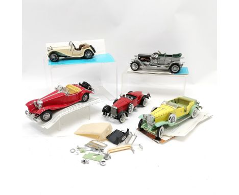 5 x Franklin mint cars - Mercedes Benz 500k roadster, Stutz black hawk, Dusenberg (a/f), Jaguar SS-100 &amp; Rolls Royce silv