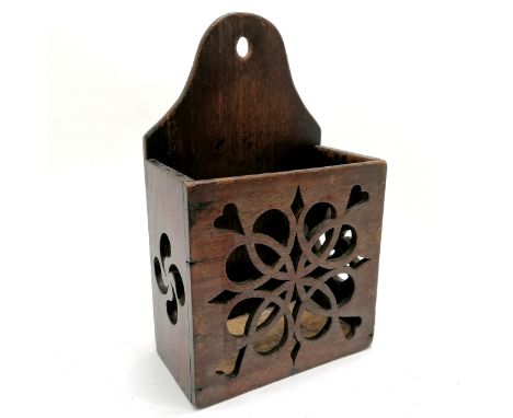 Antique mahogany wall candle box with fret carved folk art detail - 31.5cm high x 19cm x 10cm deep and has some stress cracks