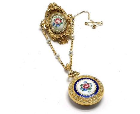 18ct hallmarked gold Montreux manual wind fob watch with enamel diamond &amp; pearl set brooch / suspender - 10cm drop &amp; 