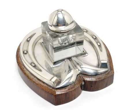 Daniel &amp; Arter silver plated horseshoe stand with glass inkwell with jockey cap hinged lid - 14cm x 15cm ~ slight nibbles