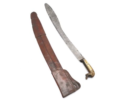 Antique Mexican sprung sword with horn handle in tooled leather scabbard - the blade is marked FV - total length 82cm