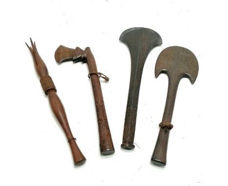Vintage iculanibokola (cannibal fork) t/w 3 x hand carved South seas palm wood clubs - longest 32cm ~ fork has 1 prong a/f
