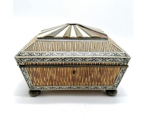 Antique Anglo-Indian porcupine quill sewing box box with fitted tray - 22cm x 16cm x 15cm high ~ lacks finial to top and 2 pa