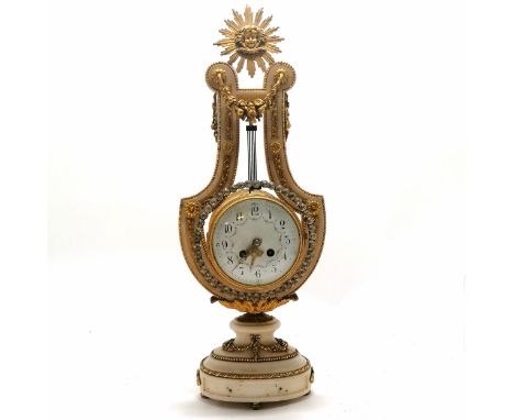 Antique French Louis XVI style lyre shaped mantle clock with ormolu mounts and an unusual paste set pendulum - 58cm high ~ ha