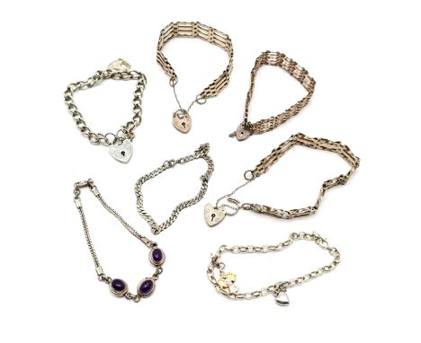 7 x silver bracelets - 1 with diamond set guardian angel, 3 x gate link, amethyst set (18cm) etc - total weight (7) 73g