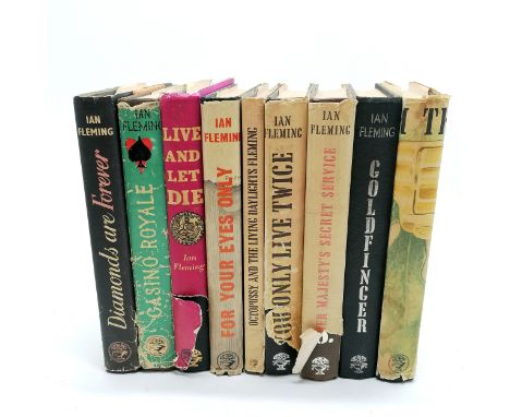 9 x James Bond hardback books by Ian Fleming inc 1st editions ~ 1965 The man with the golden gun, 1959 Goldfinger (no dustjac