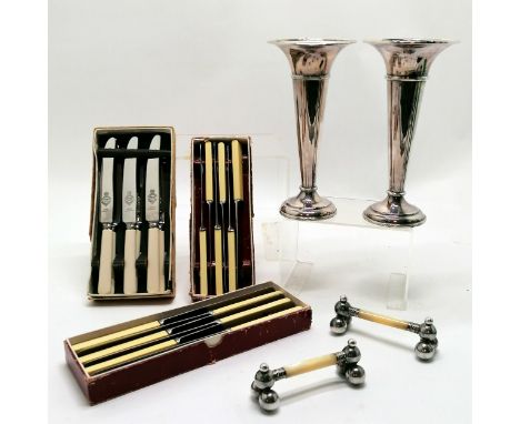 2 antique Mappin &amp; Webb silver plated vases 20cm high, pair of mother of pearl knife rests T/W 3 boxed sets of table kniv