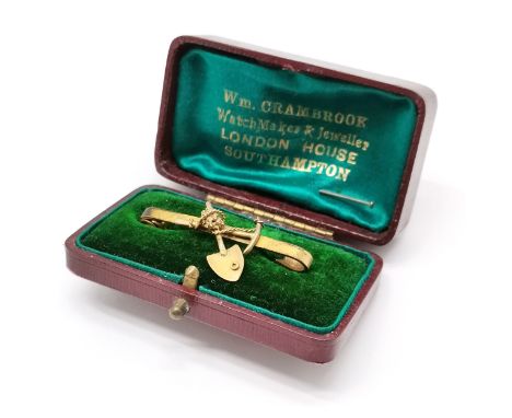 Antique miners brooch with unmarked gold shovel &amp; pick detail on a rolled gold bar brooch mount - 4cm long &amp; in origi