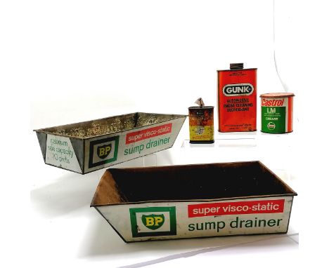 2 BP vintage oil sump drainer trays 40cm x 25cm x 10cm high, Gunk tin, Castrol Grease tin etc.