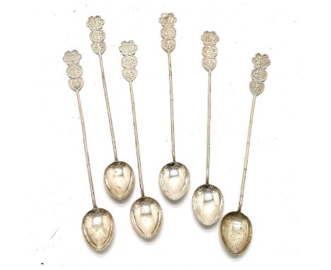 Oriental Chinese set of 6 x silver long spoons with 3 chinese character finials - 20cm &amp; 112g