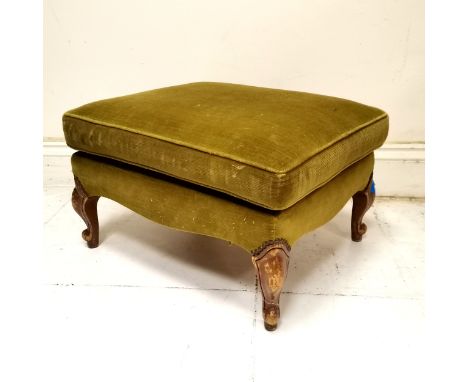 Green upholstered footstool with cabriole legs - 60cm x 50cm x 36cm high ~ legs are scuffed