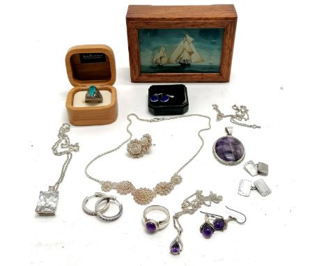 Qty silver jewellery some boxed inc amethyst drop earrings + ring + large pendant, turquoise set ring with floral shoulders e