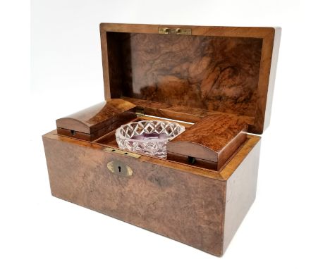 Antique burr walnut tea caddy with mixing bowl and original dome lidded cannisters - 32cm x 16.5cm x 17cm high ~ has light sc