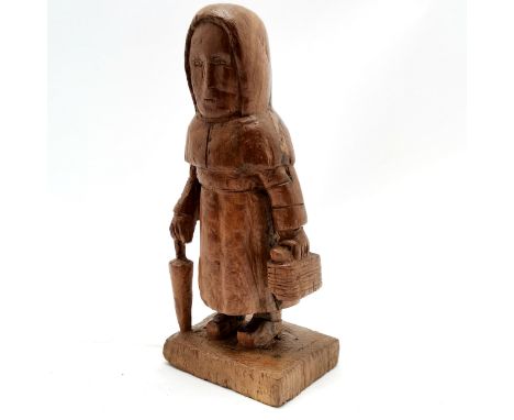 Folk art hand carved wooden figure of a lady with umbrella &amp; shopping basket - 22.5cm high