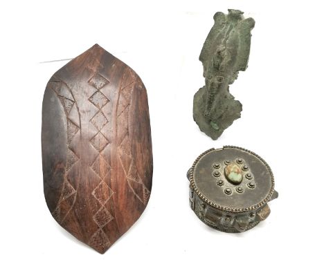 Antique tribal lidded box fashioned from a bangle and set with turquoise (7cm diameter), Egyptian bronze cast bust &amp; mini