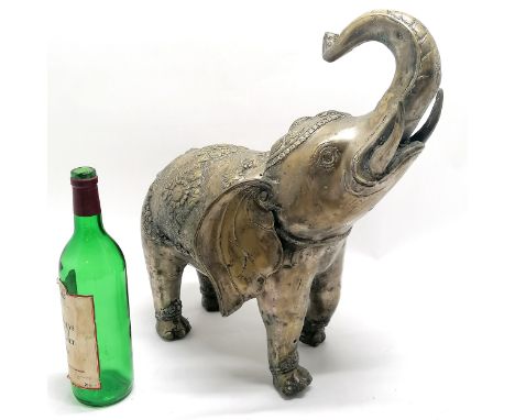 Indian silvered metal model of an elephant with raised trunk - 46cm high x 36cm across ~ has casting faults and wear to silve