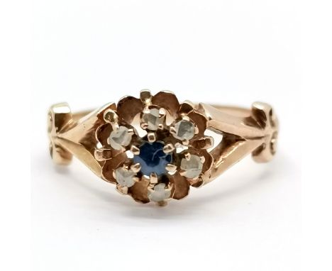 Antique unmarked gold sapphire &amp; diamond cluster ring - size M &amp; 2.5g total weight